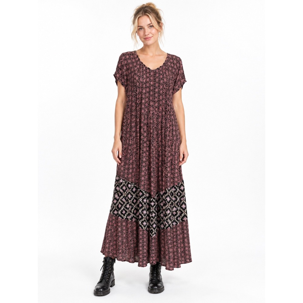 Vtg Olivia Maxi Dress Small Pink Black Geometric Print Short Sleeve V-Neck Rayon